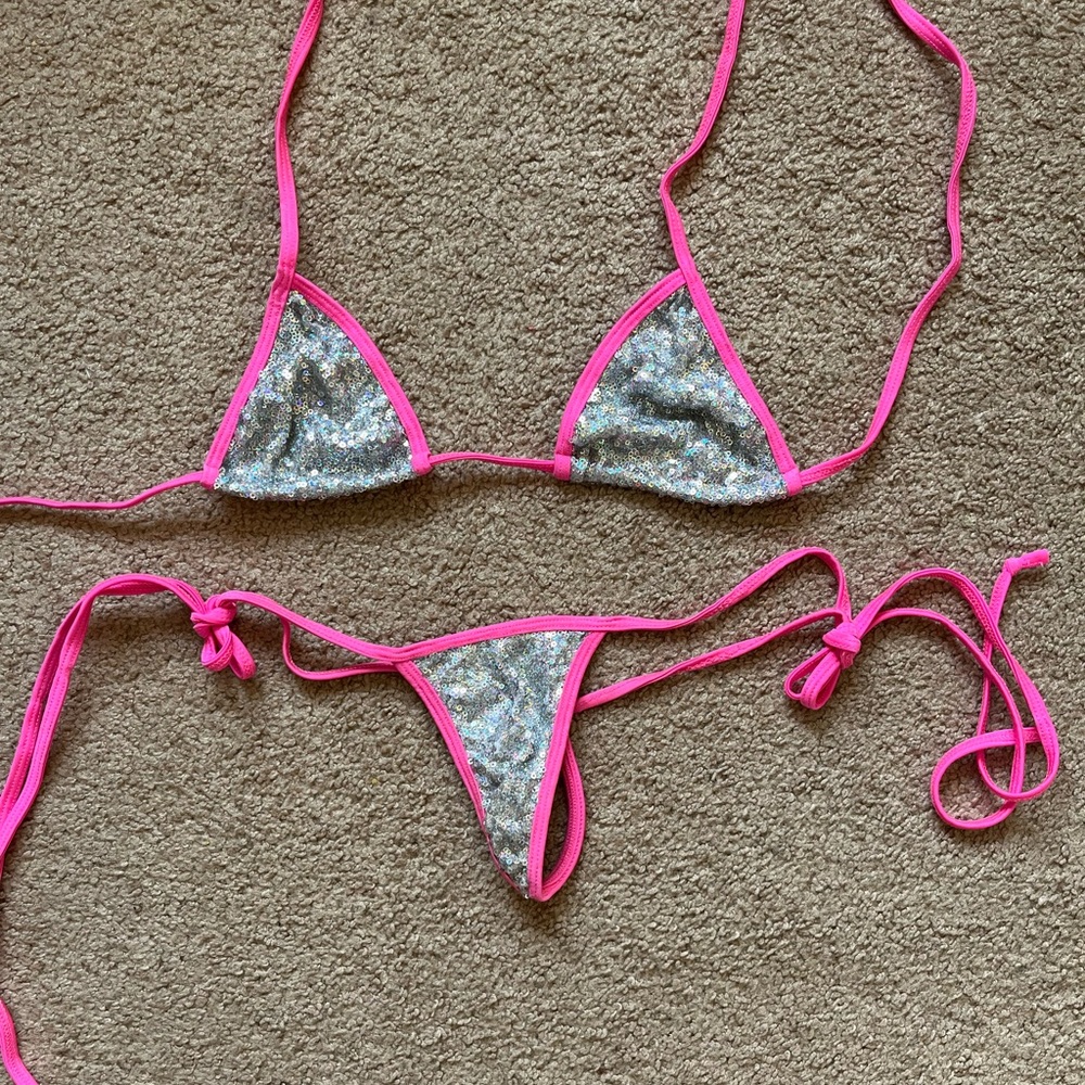 Silver and pink holographic sequin bikini